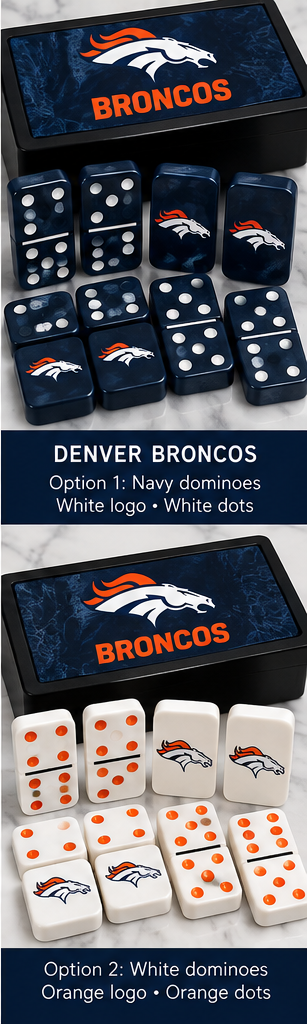 Denver Broncos domino mockup showing both color options