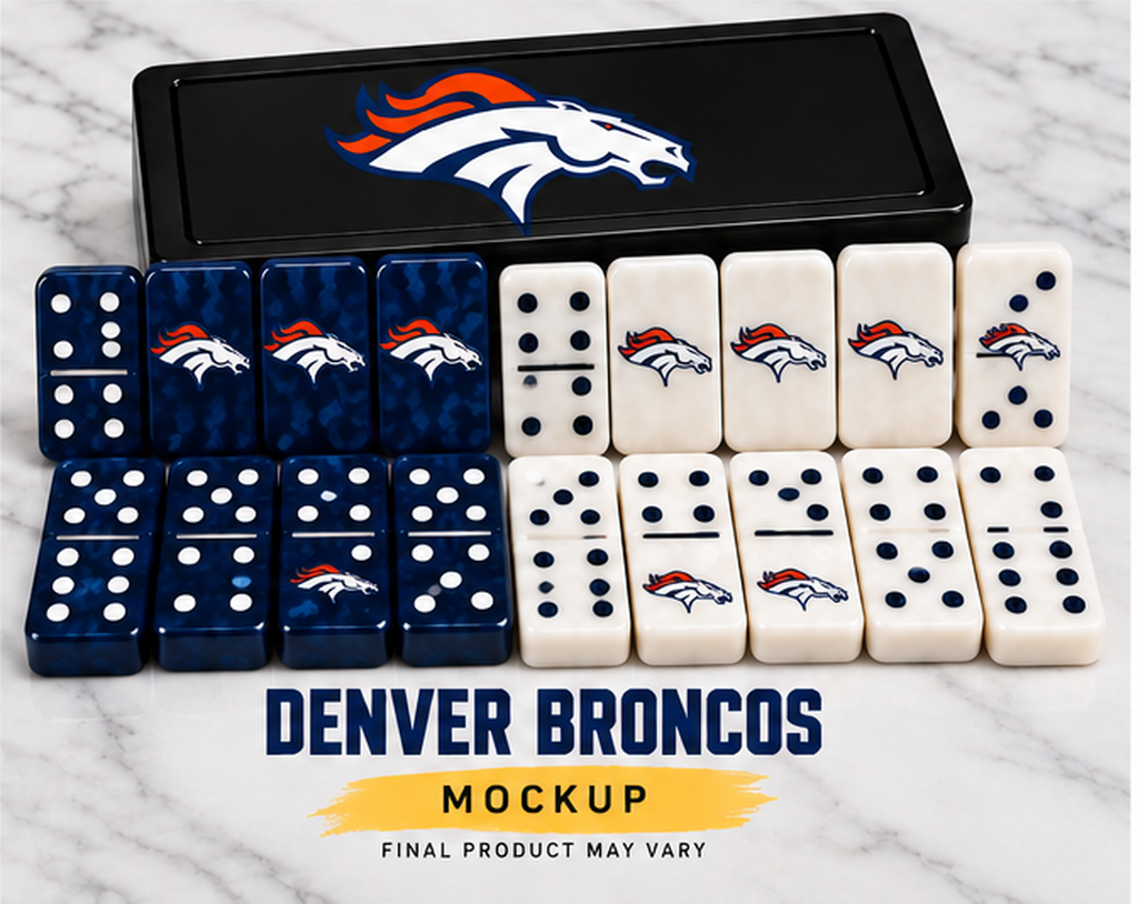 Broncos dominoes mockup. Final product may vary.