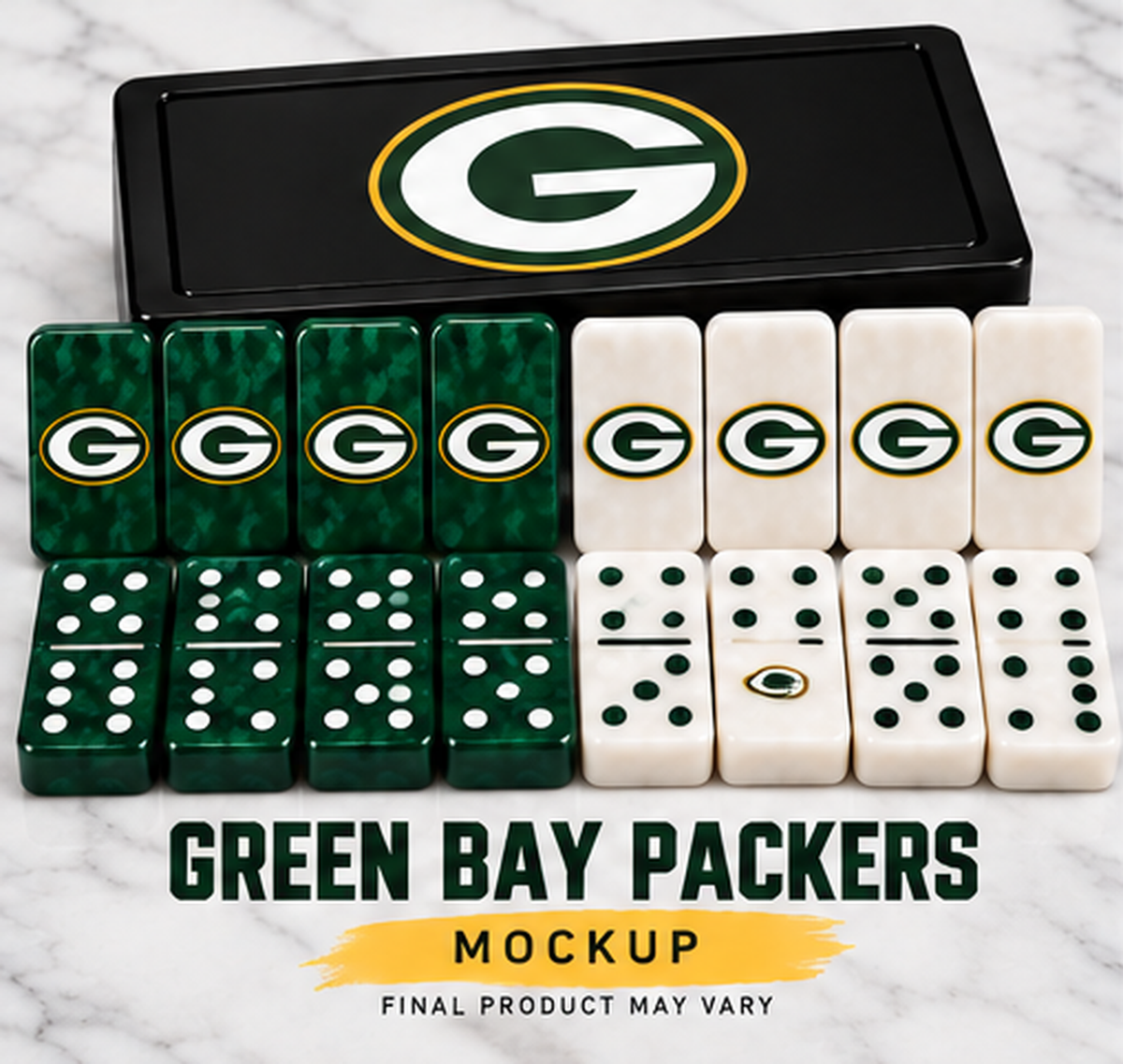 Packers dominoes mockup. Final product may vary.