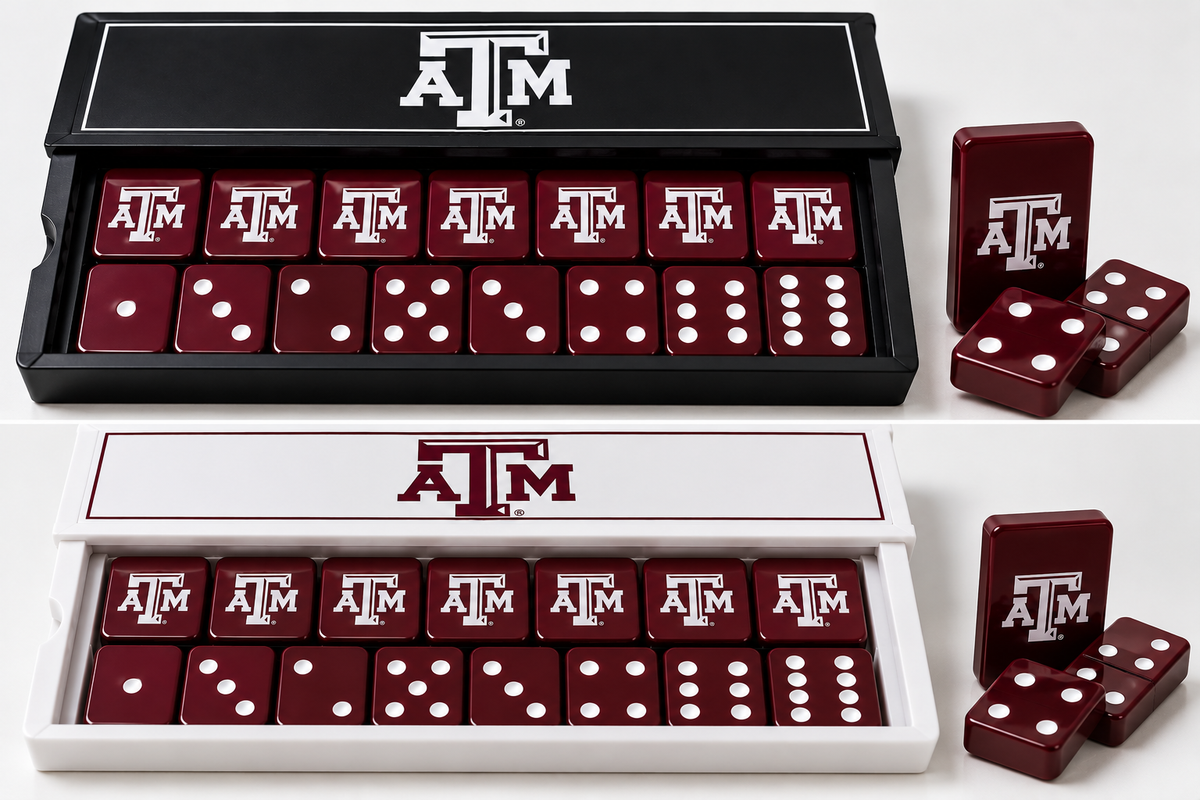 Texas A&M domino mockup showing maroon dominoes and approved slide-top boxes