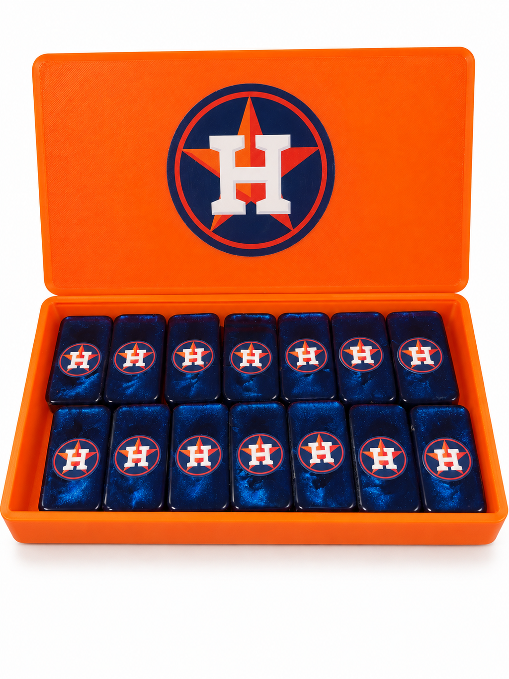Blue Astros logo domino backs in an orange matching case on a white background