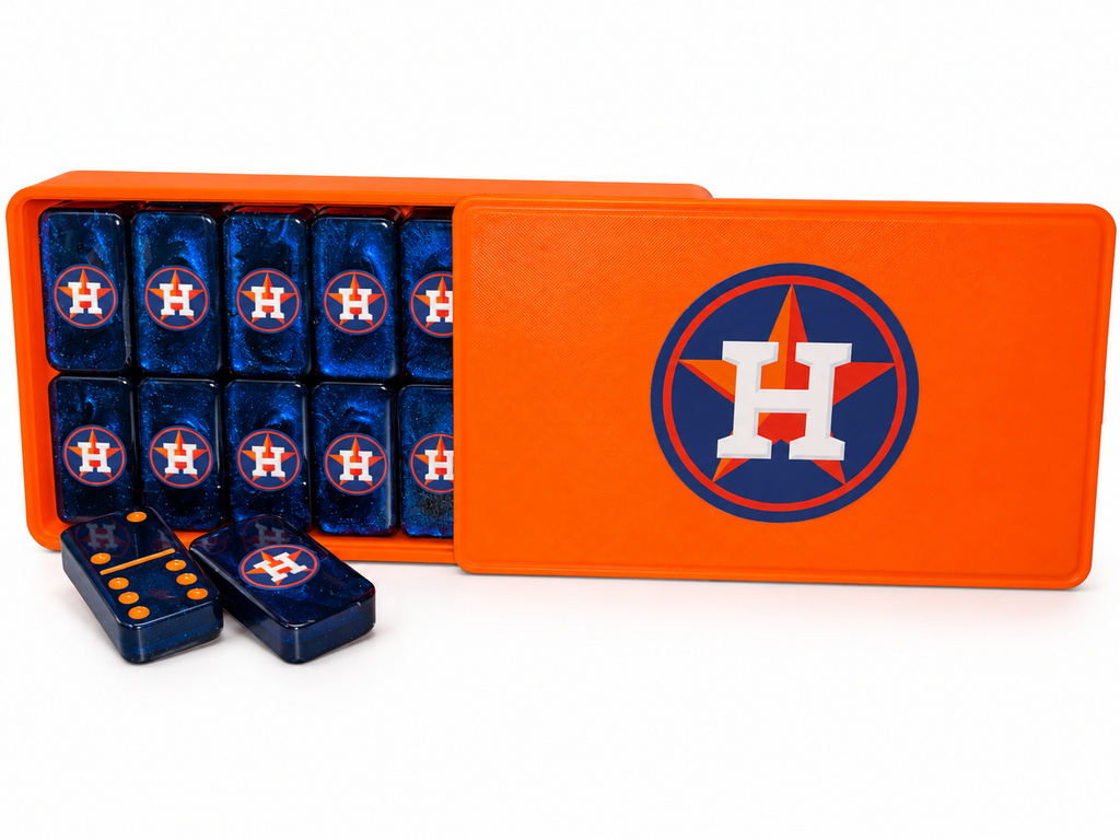 Blue Astros dominoes with orange case and separate logo lid, with two loose dominoes on a white background