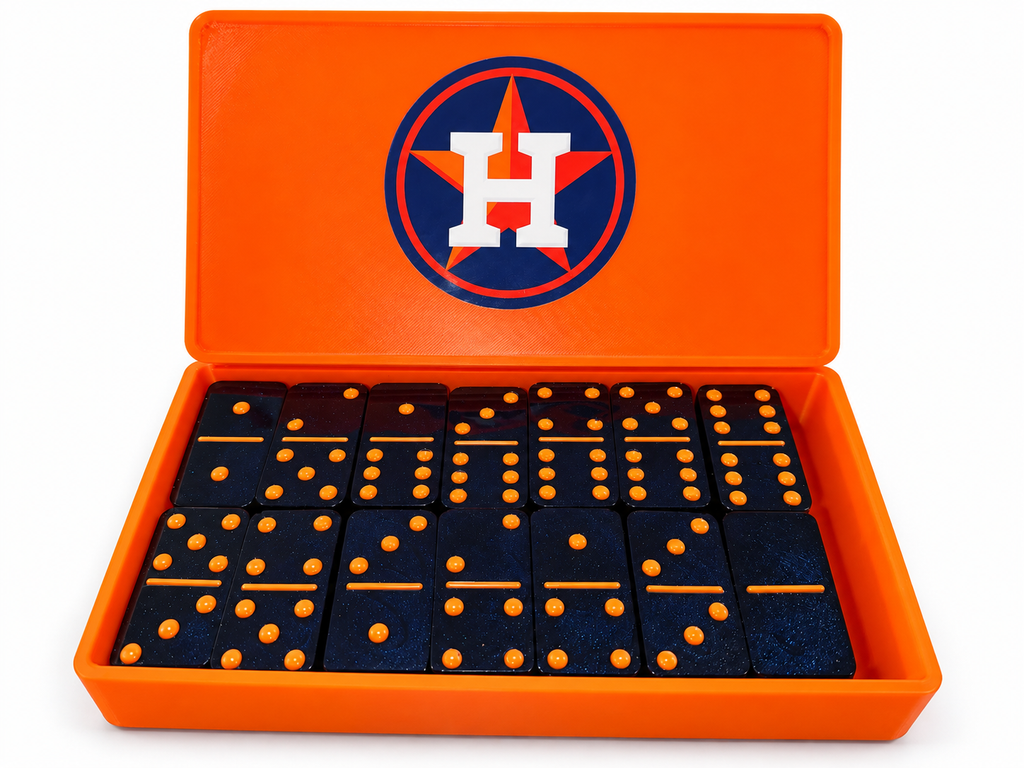 Blue Astros dominoes with orange dots in an orange logo case on a white background