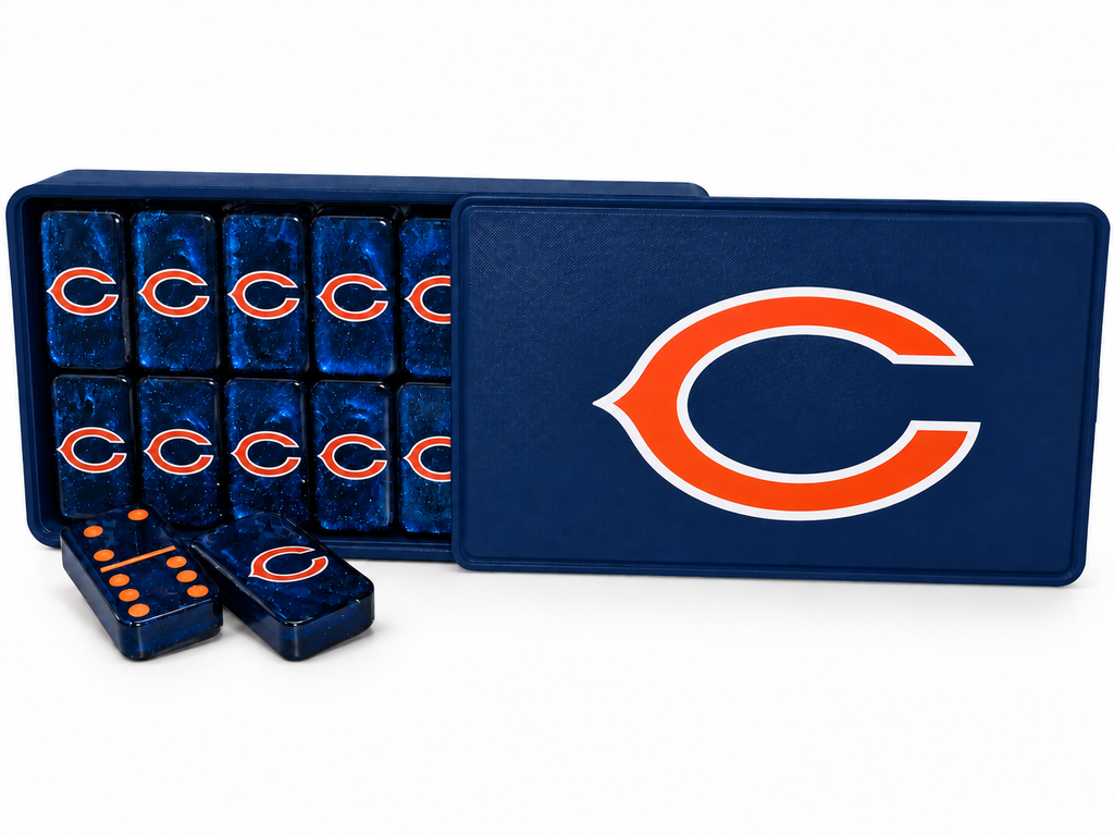 Chicago Bears dominoes and matching sliding-lid case mockup: Navy / Orange logo with White outline / Orange dots