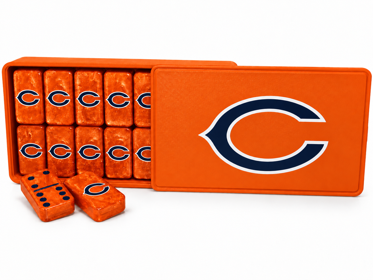 Chicago Bears dominoes and matching sliding-lid case mockup: Orange / Navy logo with White outline / Navy dots