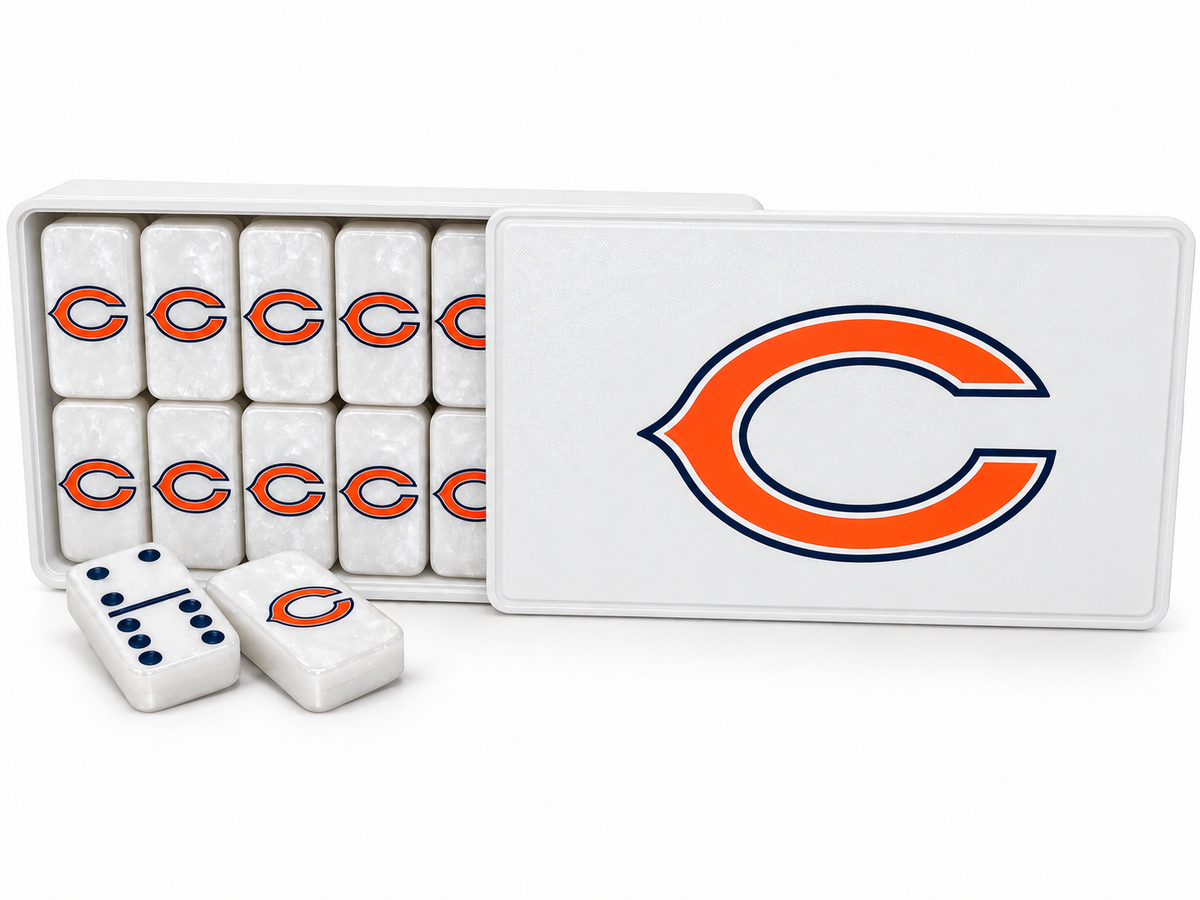 Chicago Bears dominoes and matching sliding-lid case mockup: White / Orange logo with Navy outline / Navy dots