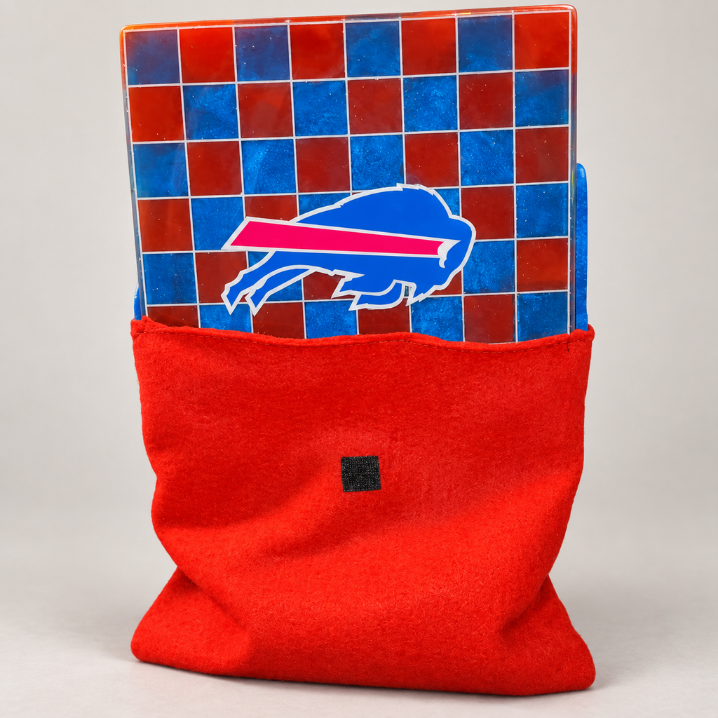 Buffalo Bills resin board shown with its red felt carrying sleeve