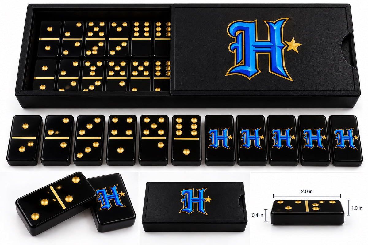 Black dominoes with gold dots and lines, blue H with gold outline and gold star, matching black sliding-lid box.