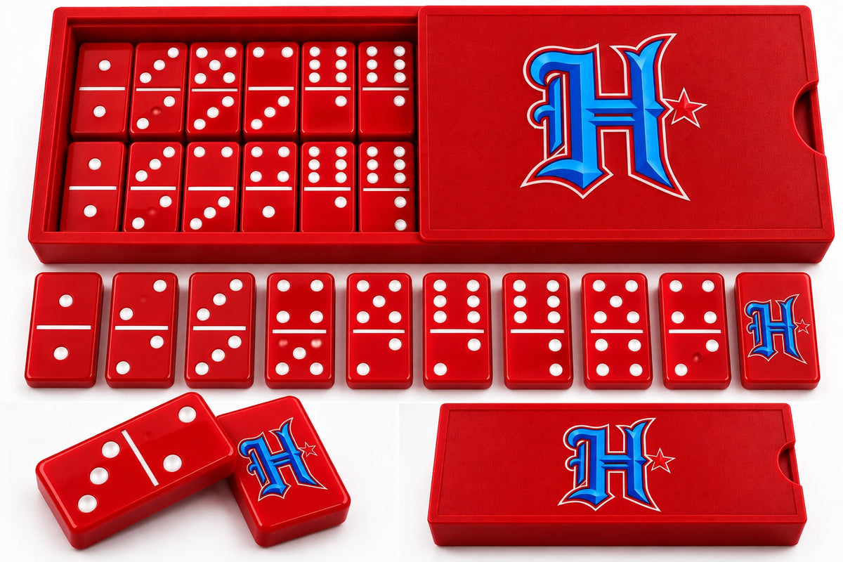 Red dominoes with white dots and lines, blue H with red and white outline, matching red sliding-lid box.
