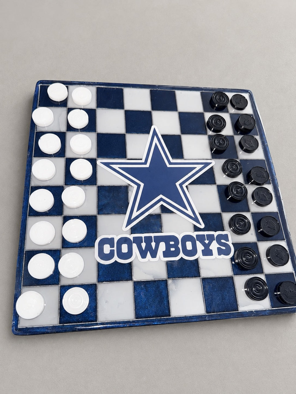 Navy and white Cowboys resin checkerboard with checker pieces