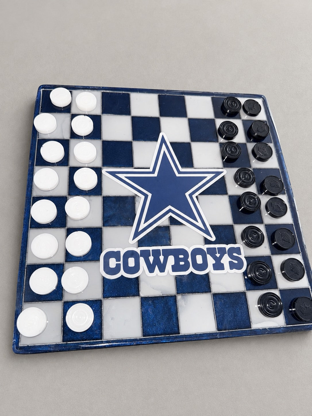 Navy and white Cowboys resin checkerboard with checker pieces