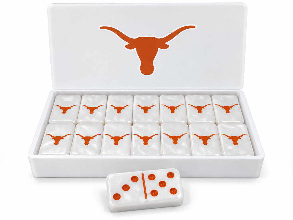 Mockup: Longhorns / White / Burnt orange logo / Burnt orange dots — matching slide-top box
