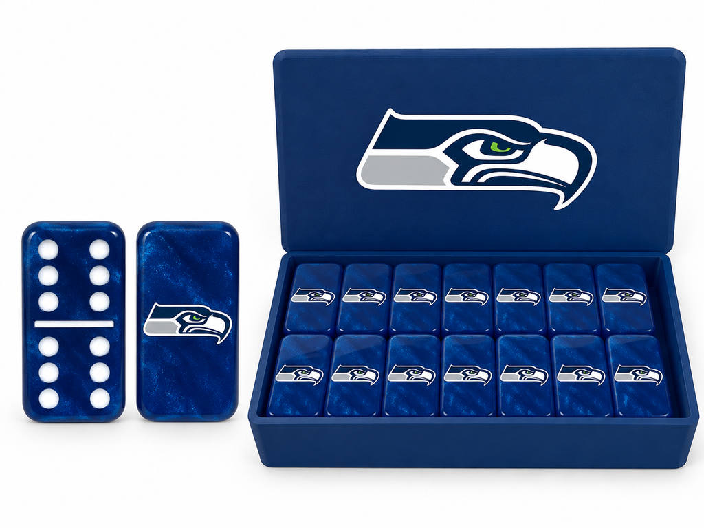 Mockup: Seahawks / Blue / Seahawks logo / White dots — matching slide-top box