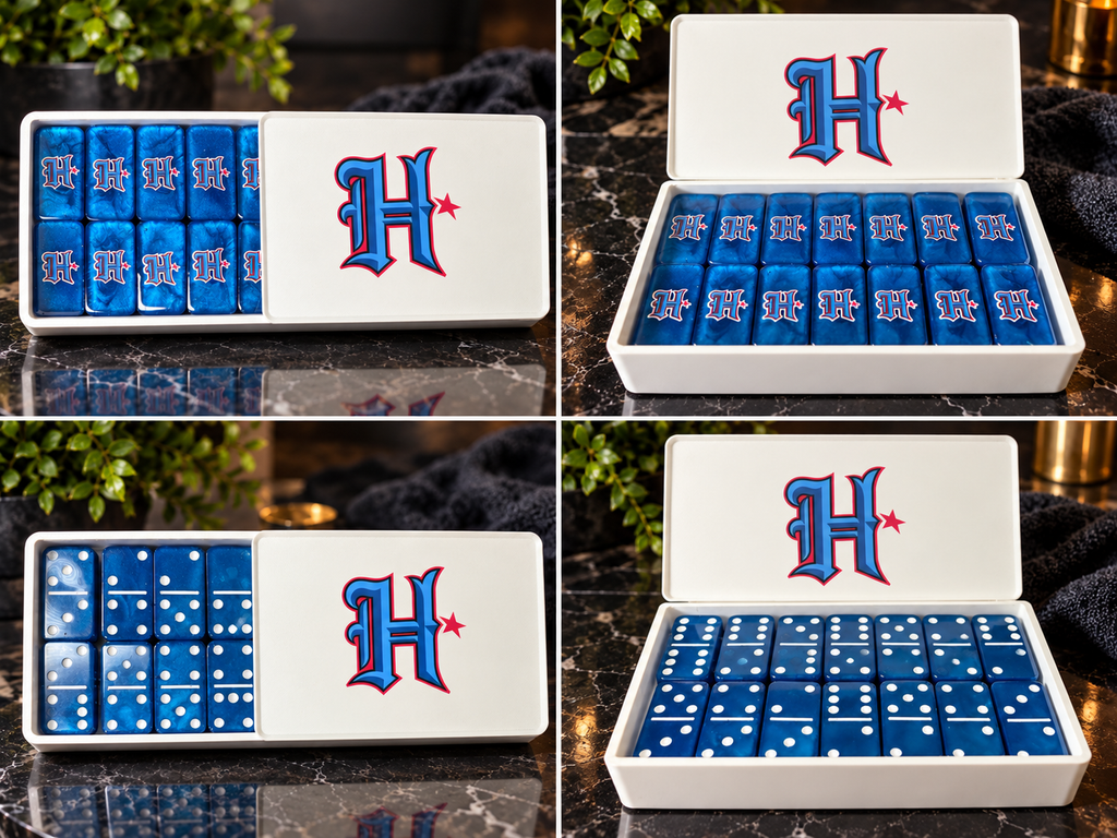 HTOWN blue dominoes with white dots showing front and back views