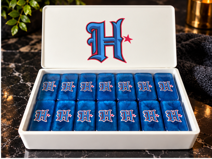 HTOWN blue Gameday Dominoes in a white H-logo case