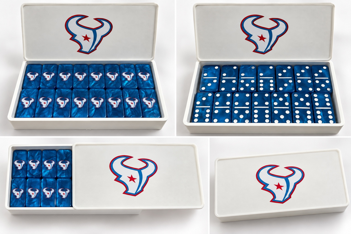 Blue Texans dominoes with white bull logos, white dots, and matching white sliding-lid case, shown from four angles