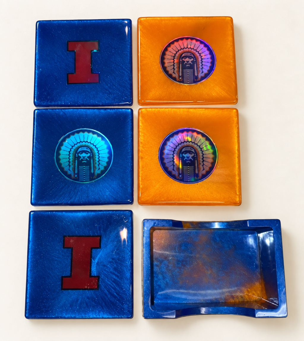 Blue and orange Illinois square resin coasters with coordinating holder on cream background