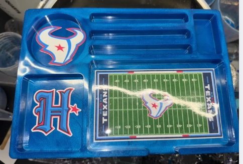 Individual component example: Blue compartmented large resin organizing tray with Texans design