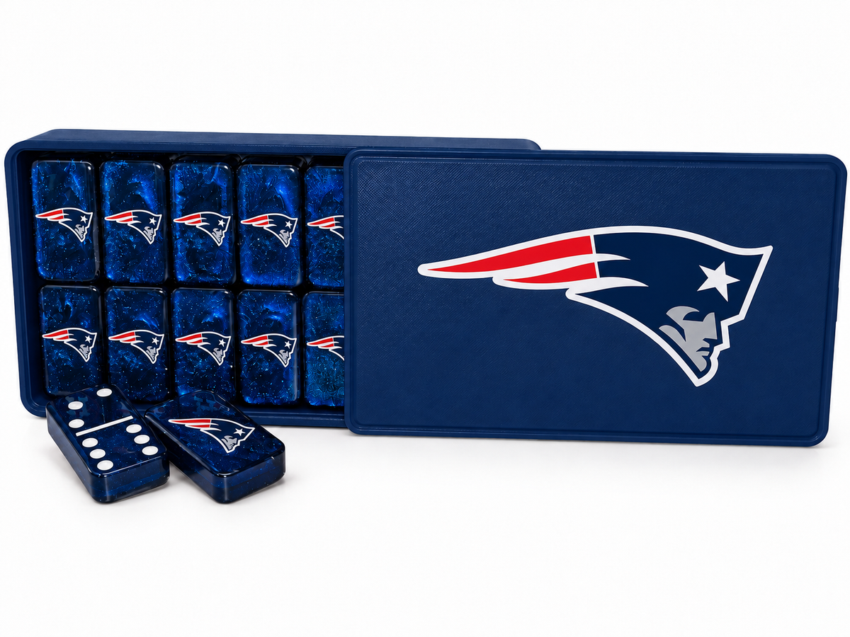 Patriots navy dominoes and matching sliding-lid case mockup on white background