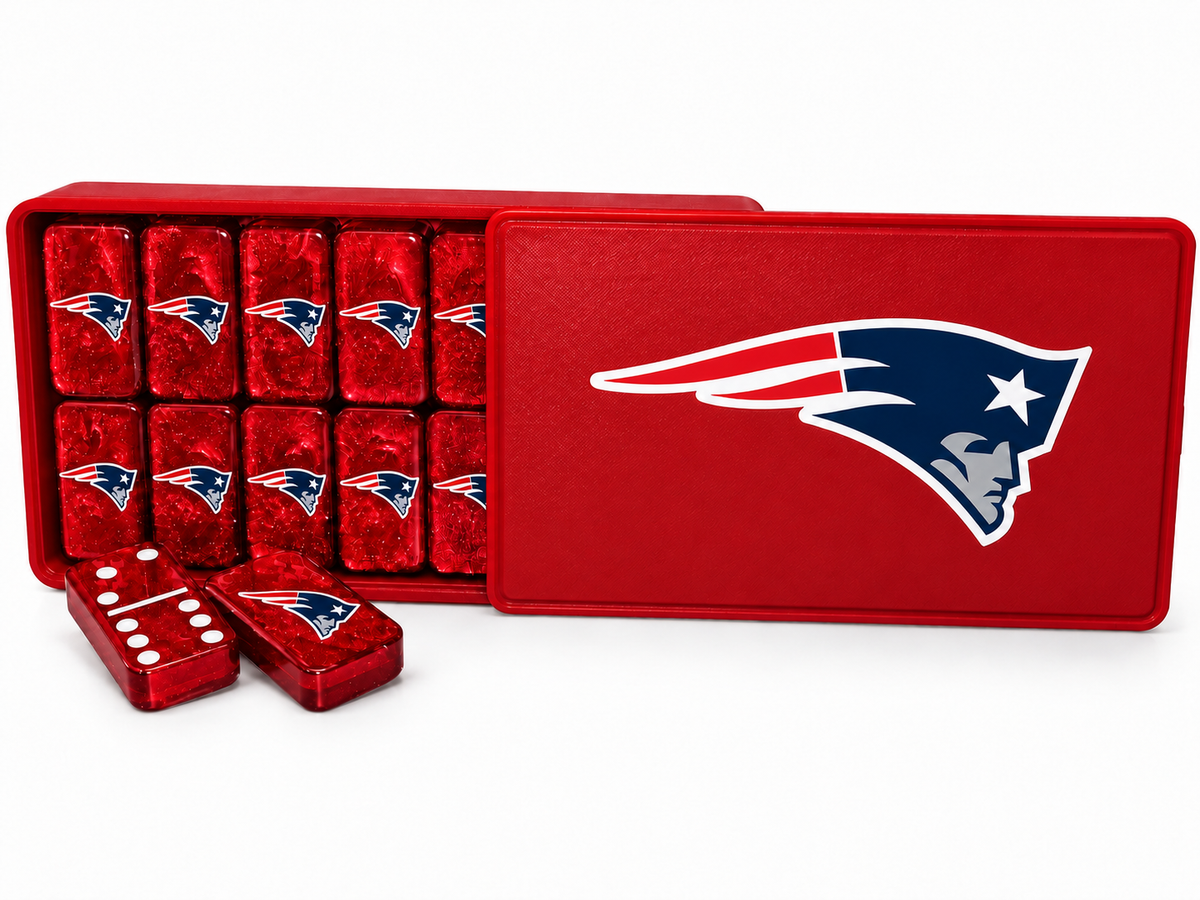 Patriots red dominoes and matching sliding-lid case mockup on white background