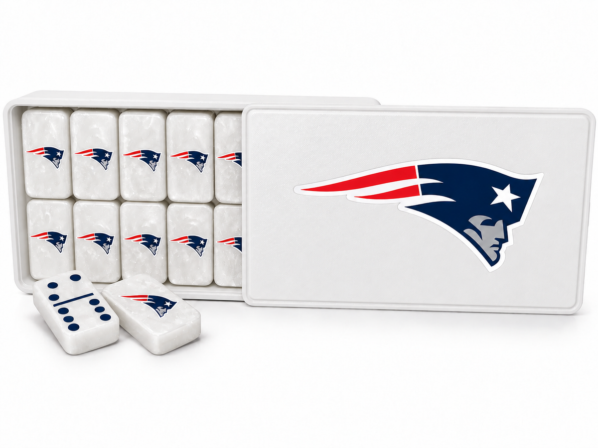 Patriots white dominoes and matching sliding-lid case mockup on white background