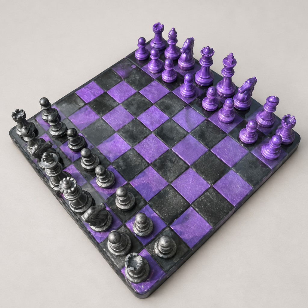 Purple and charcoal resin chessboard and matching pieces on a neutral background