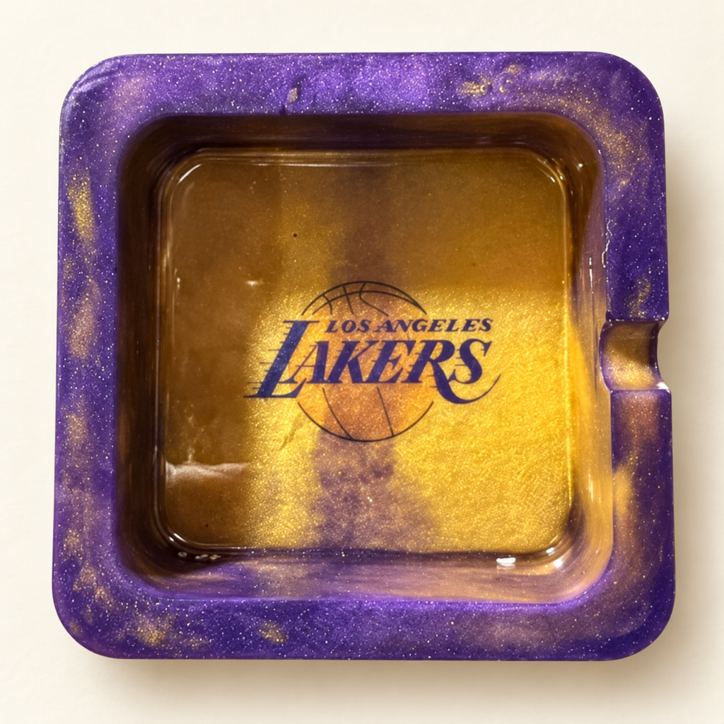 lakers purple gold small square resin ashtray with one notch on cream background