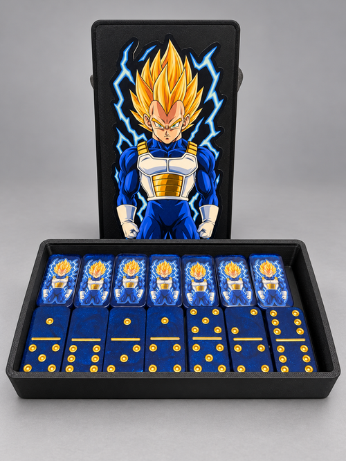 Vegeta blue dominoes with gold dots and included black case