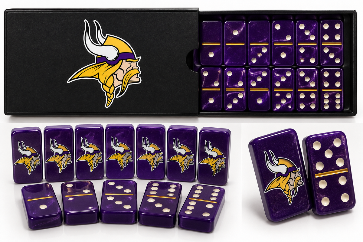 Purple Minnesota Vikings dominoes with black slide-top box