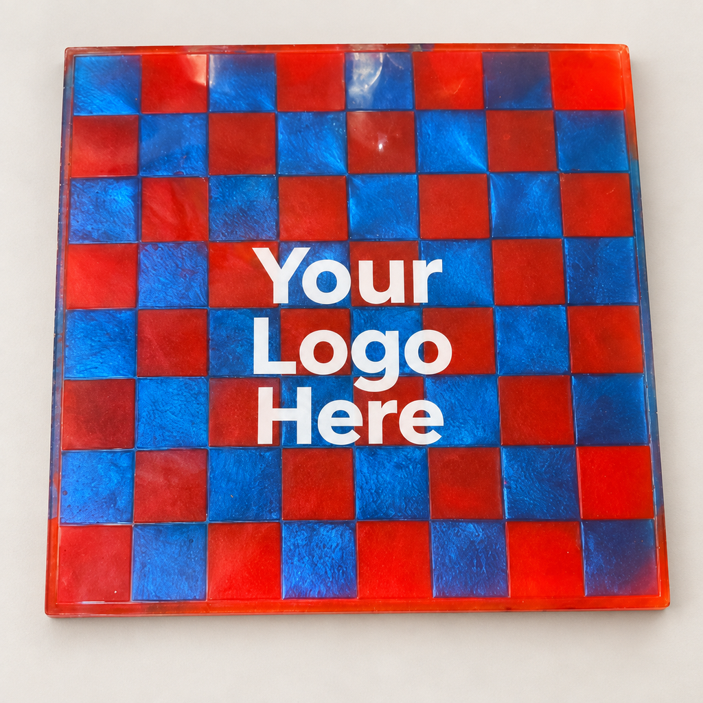 Personalization mockup: red and blue resin chessboard with Your Logo Here